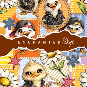 Può includere: Un colorato design patchwork con anatroccoli dei cartoni animati con giacche di pelle nera e berretti da baseball. Il design include margherite, stelle e il testo "ENCHANTED Skye" su un effetto carta strappata.