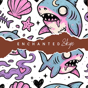 Könnte beinhalten: Ein sich wiederholendes Muster mit Cartoon-Haien, Muscheln, Seesternen und Herzen in Blau-, Rosa- und Lilatönen auf weißem Hintergrund. Der Text "ENCHANTED Skye" wird in einem braunen Banner über dem Bild angezeigt.
