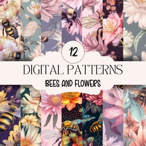 12 Bees & flowers DIGITAL Paper, Seamless Pattern design, Sublimation, Sublimation File, repeating pattern, Fabric pattern, digital download