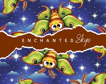 May include: A repeating pattern featuring cartoon moths with large eyes and green wings against a starry night sky. The moths have yellow and orange bodies. The text "ENCHANTED Skye" is displayed on a torn brown banner.