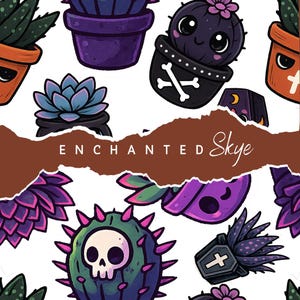 May include: A repeating pattern of cartoon cacti and succulents in pots. The plants are in various colors, including green, purple, and blue. Some pots have skull and crossbones or cross designs. The text "ENCHANTED Skye" is on a brown banner.