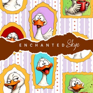 May include: A repeating pattern featuring cartoon geese in ornate gold frames. Each goose has a unique expression, with orange beaks and white feathers. The background is a light purple and white striped pattern with the text "ENCHANTED Skye".