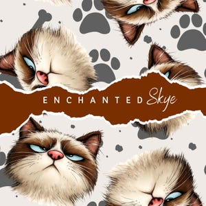 Könnte beinhalten: Ein sich wiederholendes Muster mit Cartoon-Katzenköpfen mit blauen Augen, braun-weißem Fell und einem mürrischen Gesichtsausdruck. Der Hintergrund ist hellgrau mit Pfotenabdrücken und dem Text "ENCHANTED Skye" in einem braunen Banner.