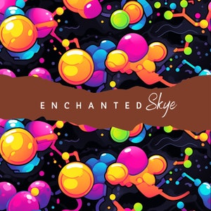 May include: A colorful abstract design with a torn paper banner that reads "ENCHANTED Skye". The design features a dark background with bright, overlapping circles and shapes in various colors, including pink, blue, green, yellow, and orange.