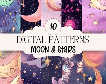 10 Moon and stars DIGITAL Paper, Seamless Pattern design, Sublimation, Sublimation File, repeating pattern, Fabric pattern, digital download