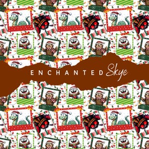 May include: A repeating pattern featuring cartoon characters in polaroid frames, including a green dinosaur, a yeti, and a spider, all wearing Santa hats. The background displays colorful Christmas lights, and a brown banner reads ENCHANTED Skye.