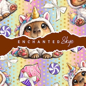 May include: A repeating pattern featuring a cute animal wearing a unicorn costume, surrounded by candies and bows. The background is a pastel rainbow with gold polka dots. The text "ENCHANTED Skye" is displayed on a brown banner.