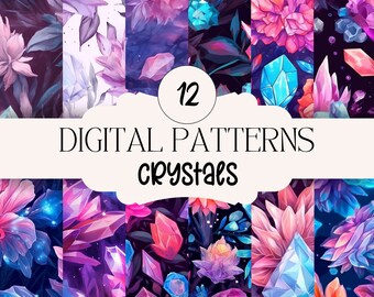 Op de afbeelding: Twaalf digitale patronen met kleurrijke kristallen en bloemen in een donker paars, roze en blauw kleurenschema. De patronen zijn naadloos en kunnen worden gebruikt voor een verscheidenheid aan projecten, zoals stof, behang en digitaal ontwerp.