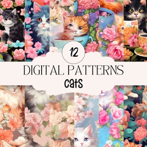 May include: Twelve digital patterns featuring cute cats in various poses with floral backgrounds. The patterns are perfect for crafting, scrapbooking, and other creative projects.