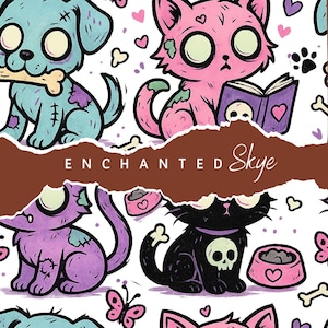 Peut inclure: Illustration fantaisiste avec des animaux de dessins animés : un chien bleu avec un os, un chat rose lisant un livre, un chat violet et un chat noir. Le design comprend des cœurs, des os et le texte "ENCHANTED Skye".