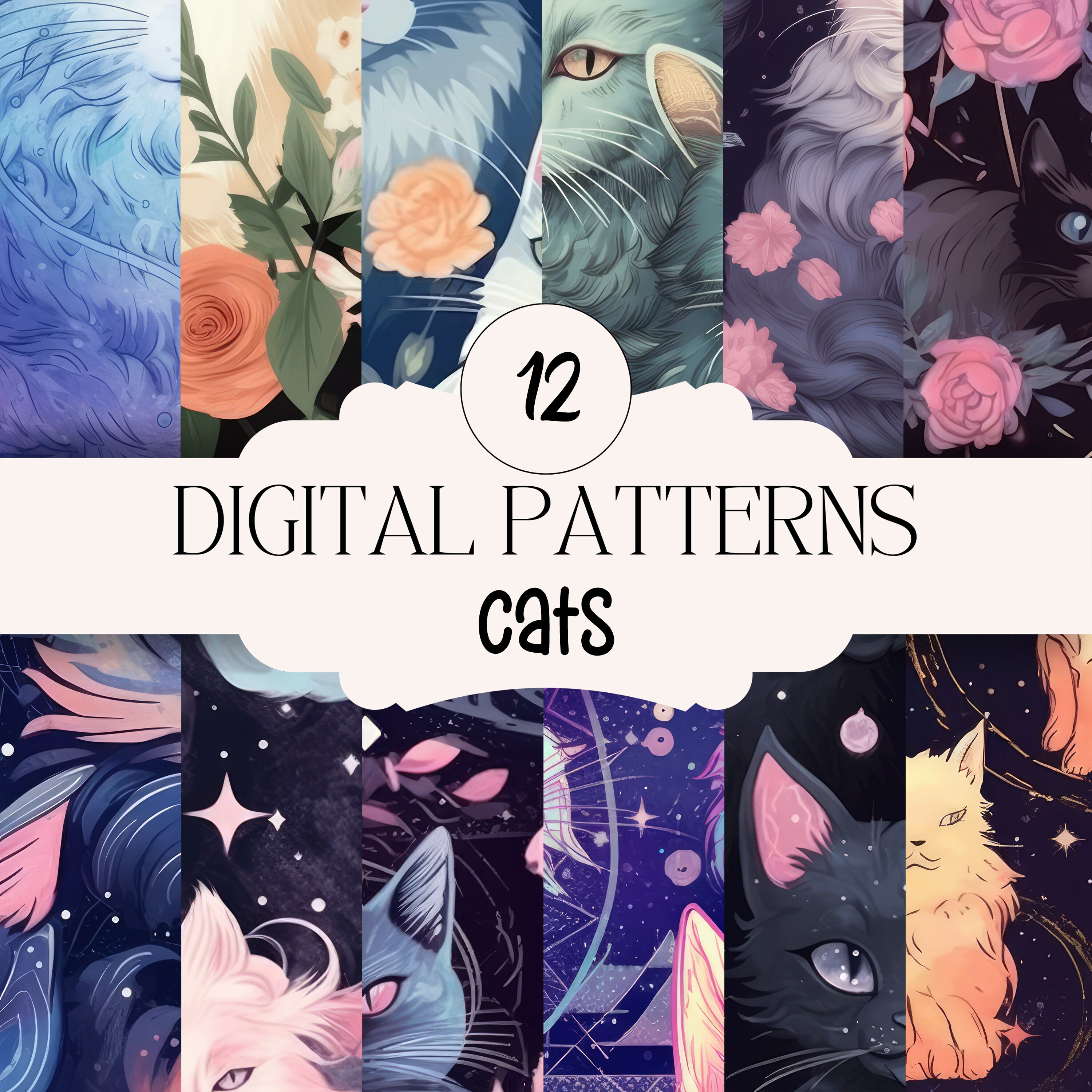 12 Cats DIGITAL Papers, Seamless Pattern design, Sublimation, Sublimation File, repeating pattern, Fabric pattern, digital download