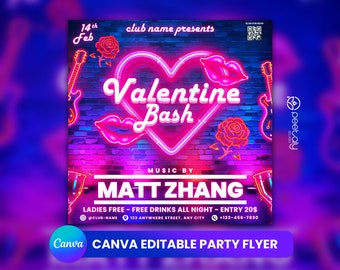 Könnte beinhalten: Ein neonpinkes Herz mit dem Text "Valentine Bash" in einer pinken Neon-Schrift. Der Text "Music by Matt Zhang" befindet sich unter dem Herzen. Der Flyer enthält auch das Datum "14th Feb" und den Text "Ladies Free - Free Drinks All Night - Entry 20€".