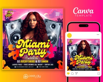 90s Party Flyer Template, Tropical Theme, Canva Editable (Digital Download)
