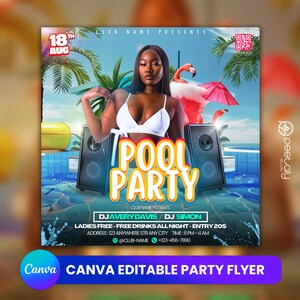 Pool Party Flyer, Editable Canva Template (Digital Download)