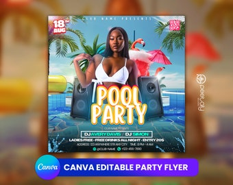 Pool Party Flyer, Editable Canva Template (Digital Download)