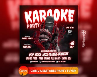 May include: A red and white flyer with a bloody hand holding a microphone. The flyer advertises a karaoke party with music by Avery Davis. The flyer includes the text "Karaoke Party", "Music by Avery Davis", "Party Time 2 PM - 10 PM", "RSVP Only", "+18 Only", "Club Name Presents", "Pop-Rock-Jazz-Reggae-Country", "Ladies Free - Free Drinks All Night - Entry $20", "@Club-Name 123 Anywhere Street, Any City - 123-456-7890", and "Canva Editable Party Flyer".