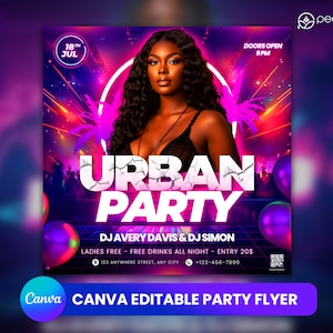 Editable Club Flyer Template For Canva, DIY Event Flyer, Party Flyer, Digital Birthday Flyer, DJ Party Invite for Social Media, Instagram