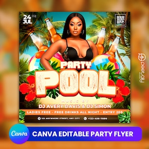 Pool Party Flyer, Social Media Pool Party Announcement Editable Summer Pool Invitation, DIY Canva Template, Birthday Party Pool Summer Canva