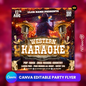 Pode incluir: Um flyer de festa de karaokê com tema western com um chapéu de cowboy, um microfone e um violão. O flyer é vermelho, laranja e amarelo com o texto "Western Karaoke" em letras grandes e em negrito. O flyer também inclui a data "12 de agosto" e o texto "Pop-Rock-JRZZ-Regre-Country Entrada gratuita para mulheres - Bebidas grátis durante toda a noite - Entrada 20 €".