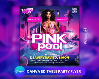 Folleto de fiesta en la piscina, anuncio de fiesta en la piscina en las redes sociales Invitación editable a la piscina de verano, plantilla DIY Canva, fiesta de cumpleaños piscina verano Canva