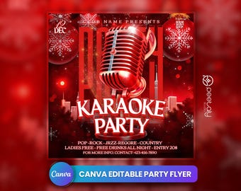 Könnte beinhalten: Ein roter und weißer Karaoke-Party-Flyer mit einer Mikrofongrafik und dem Text "Karaoke Party". Der Flyer enthält auch den Text "Pop-Rock-Jazz-Reggae-Country", "Damen frei - Freie Getränke die ganze Nacht - Eintritt 20 €", und "Für weitere Informationen kontaktieren Sie: +123-456-7890".