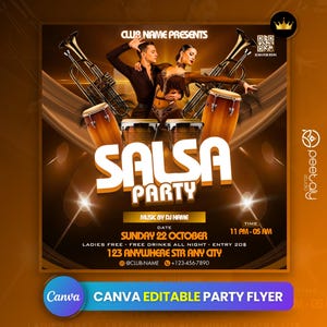 Op de afbeelding: Promotieflyer voor een Salsa Party, met een dansend stel, trompetten en drums. De flyer is in bruin- en oranjetinten, met de woorden "SALSA PARTY" prominent weergegeven. Inclusief evenementdetails.