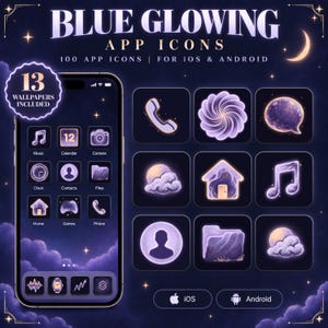 Peut inclure: Un ensemble numérique de 100 icônes d'applications bleu brillant pour iOS et Android, incluant 13 fonds d'écran. L'affichage montre une interface de smartphone avec des icônes violet foncé pour musique, calendrier, appareil photo, horloge et fichiers.