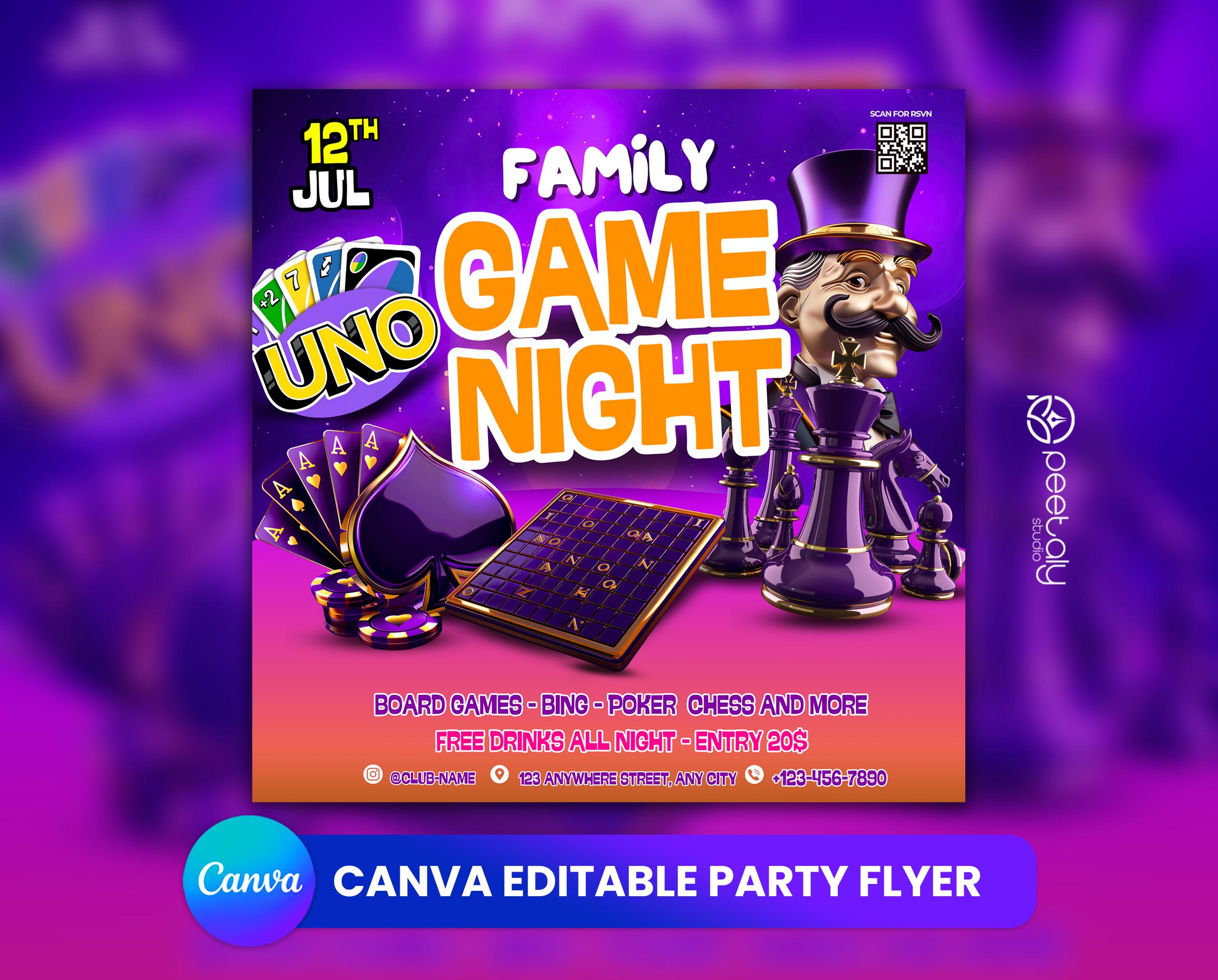 Game Night Party Flyer, Social Media Announcement (Canva Template)