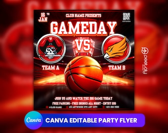 Game Day Basketball Party Flyer Template (Canva)