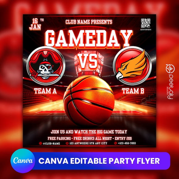 Game Day Basketball Flyer Template For Canva, Watch Party Flyer, Party Flyer, Digital Watch Party Flyer, DJ Party Invite for Social Media