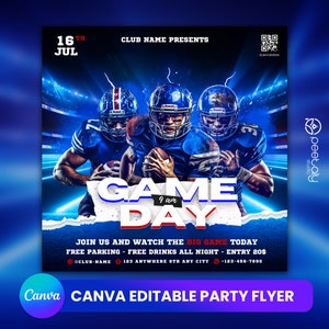 Game Day Football Flyer-sjabloon voor Canva, DIY-evenementflyer, feestflyer, digitale gamedagflyer, DJ-feestuitnodiging voor sociale media, Instagram