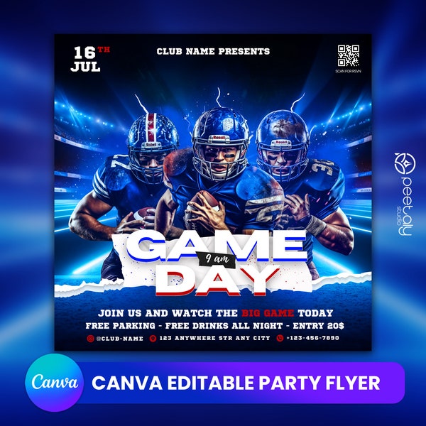 Game Day Football Flyer Template For Canva, DIY Event Flyer, Party Flyer, Digital Game Day Flyer,DJ Party Invite for Social Media, Instagram