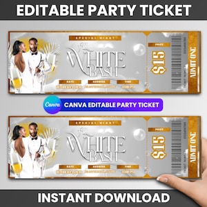 All White Party Bearbeitbares Party Ticket Canva Vorlage, druckbares Event Ticket, Custom Party Ticket Einladung, Konzertticket Digitaler Download