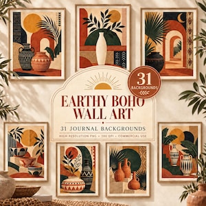 May include: A collection of seven framed digital art prints featuring terracotta, dark green, and cream abstract shapes, vases, and foliage. The central text reads: 31 BACKGROUNDS EARTHY BOHO WALL ART 31 JOURNAL BACKGROUNDS HIGH-RESOLUTION PNG 300 DPI.