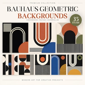 May include: A digital collection titled Bauhaus Geometric Backgrounds featuring 35 items. The image displays various graphic designs with arches, circles, and lines in black, cream, terracotta, blue, green, and yellow colors for creative projects.