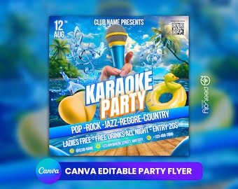 Könnte beinhalten: Ein blauer und gelber Flyer mit einem Mikrofon und einem Pool-Schwimmring. Der Text lautet "Karaoke Party" und enthält Details zur Veranstaltung, wie Datum, Uhrzeit, Ort und Kontaktinformationen.