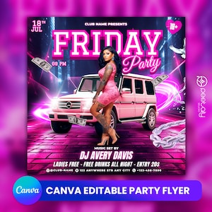 Editable Club Flyer Template For Canva, DIY Event Flyer, Party Flyer, Digital Birthday Flyer, DJ Party Invite for Social Media, Instagram
