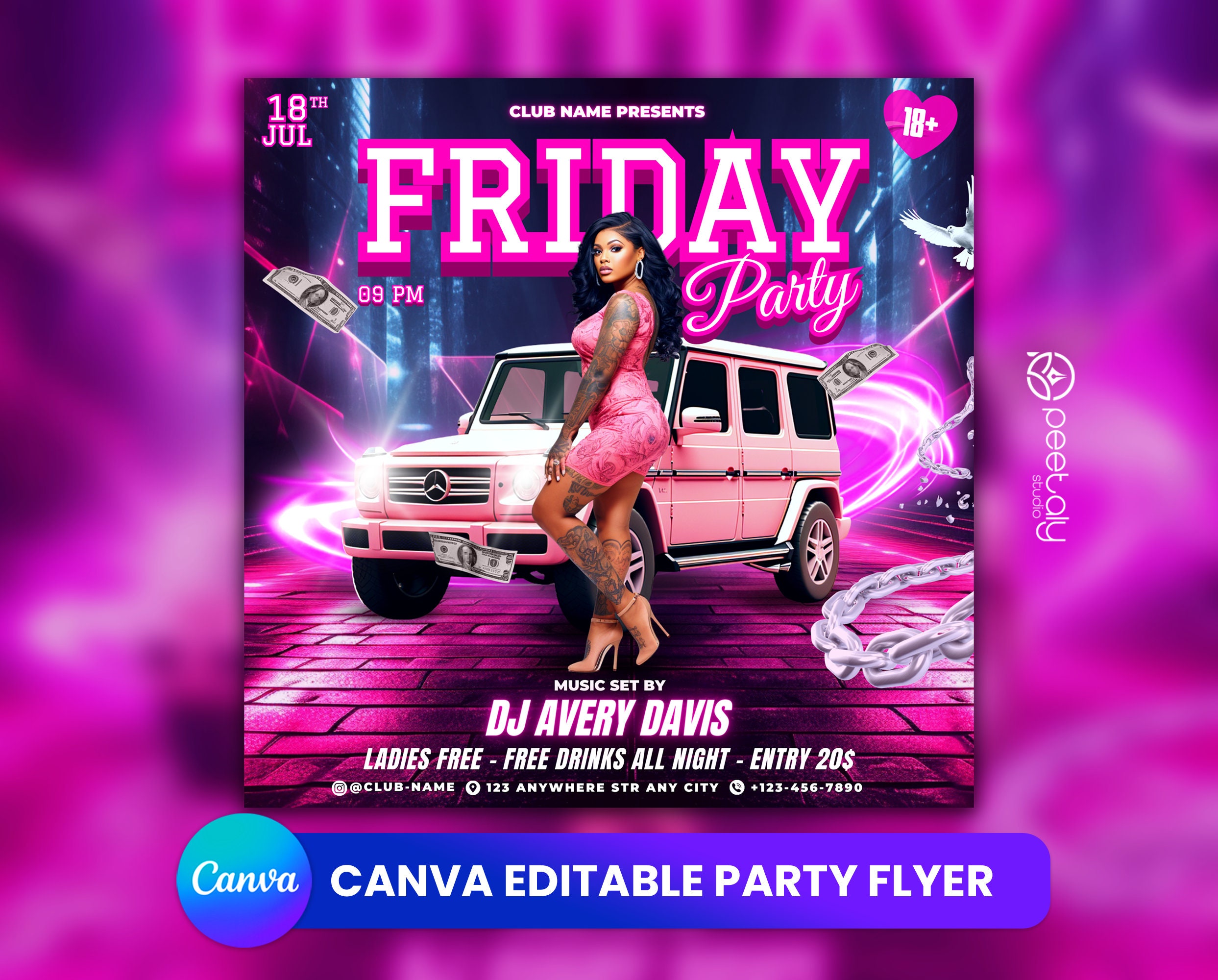 Editable Club Flyer Template For Canva, DIY Event Flyer, Party Flyer, Digital Birthday Flyer, DJ Party Invite for Social Media, Instagram
