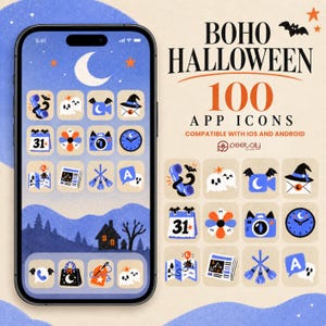 以下が含まれることがあります： 青、オレンジ、白の100個のボヘミアンハロウィンアプリアイコンを備えたデジタルインターフェースを表示するスマートフォン。画面には、三日月、山、家のある夜の風景が描かれています。テキストには「BOHO HALLOWEEN 100 APP ICONS」と書かれています。