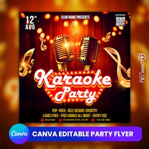 Modello modificabile di volantino per club di karaoke per Canva, volantino per eventi fai da te, volantino per feste, volantino di compleanno digitale, invito a una festa DJ per i social media