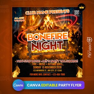 Könnte beinhalten: Werbeflyer für eine Lagerfeuernacht-Veranstaltung. Das Design zeigt ein Lagerfeuer mit Flammen und Silhouetten von Menschen. Der Text enthält "BONEFIRE NIGHT", Veranstaltungsdetails und "CANVA EDITABLE PARTY FLYER". Die Farbgebung ist orange und schwarz.