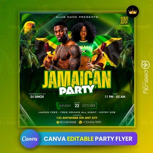 Editable Reggae Club Flyer Template For Canva, DIY Jamaican Flyer, Party Flyer, Jamaican Flyer, DJ Party Invite for Social Media, Jamaican