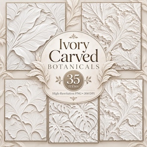 Puede incluir: Una colección de tallas botánicas de color marfil con varios patrones de hojas en cinco marcos rectangulares. Una etiqueta circular central muestra el texto Ivory Carved BOTANICALS 35 ITEMS High-Resolution PNG 300 DPI en marrón oscuro.