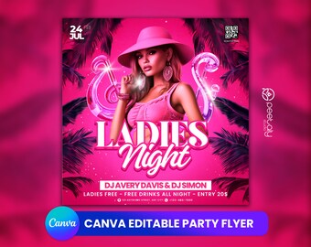 Ladies Night Party Flyer, Tropical Theme, Editable Canva Template (Digital Download)