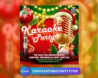 Könnte beinhalten: Ein rot-grüner Weihnachtsflyer für eine Karaoke-Party am 12. Dezember. Der Flyer zeigt ein Mikrofon, einen Weihnachtsbaum und einen roten Hintergrund mit weißem Text, der "Karaoke Party" lautet. Der Flyer enthält auch den Text "Pop-Rock-Jazz-Reggae-Country", "Frauen frei - Freie Getränke die ganze Nacht - Eintritt 20 €", und "Für weitere Informationen, kontaktieren Sie: +123-456-7890".