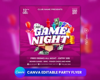 Folleto para fiesta de noche de juegos, anuncio en redes sociales (plantilla de Canvas)