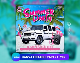 Editable Summer Party Flyer Template, Pink and Blue, Canva (Digital Download)
