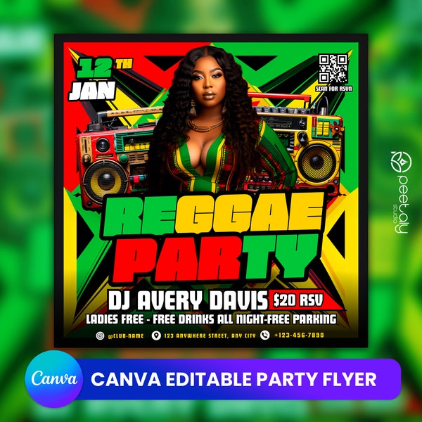 Editable Reggae Club Flyer Template For Canva, DIY Event Flyer, Party Flyer, Jamaican Flyer, DJ Party Invite for Social Media, Instagram
