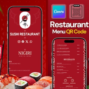 Plantilla de Canva con código QR para menú de restaurante personalizado / Diseño de menú digital, optimizado para dispositivos móviles y editable / Fácil de editar / Menú de Canva / Menú animado