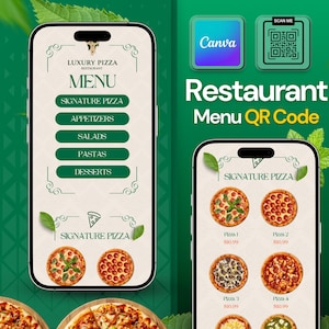 Plantilla de Canva con código QR para menú de restaurante personalizado / Diseño de menú digital, optimizado para dispositivos móviles y editable / Fácil de editar / Menú de Canva / Menú animado